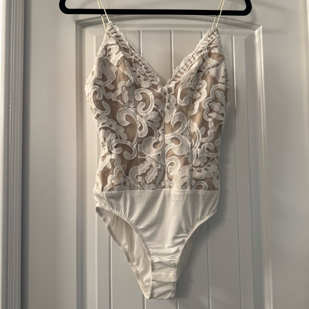 Hello Molly Beige and White Lace Bodysuit